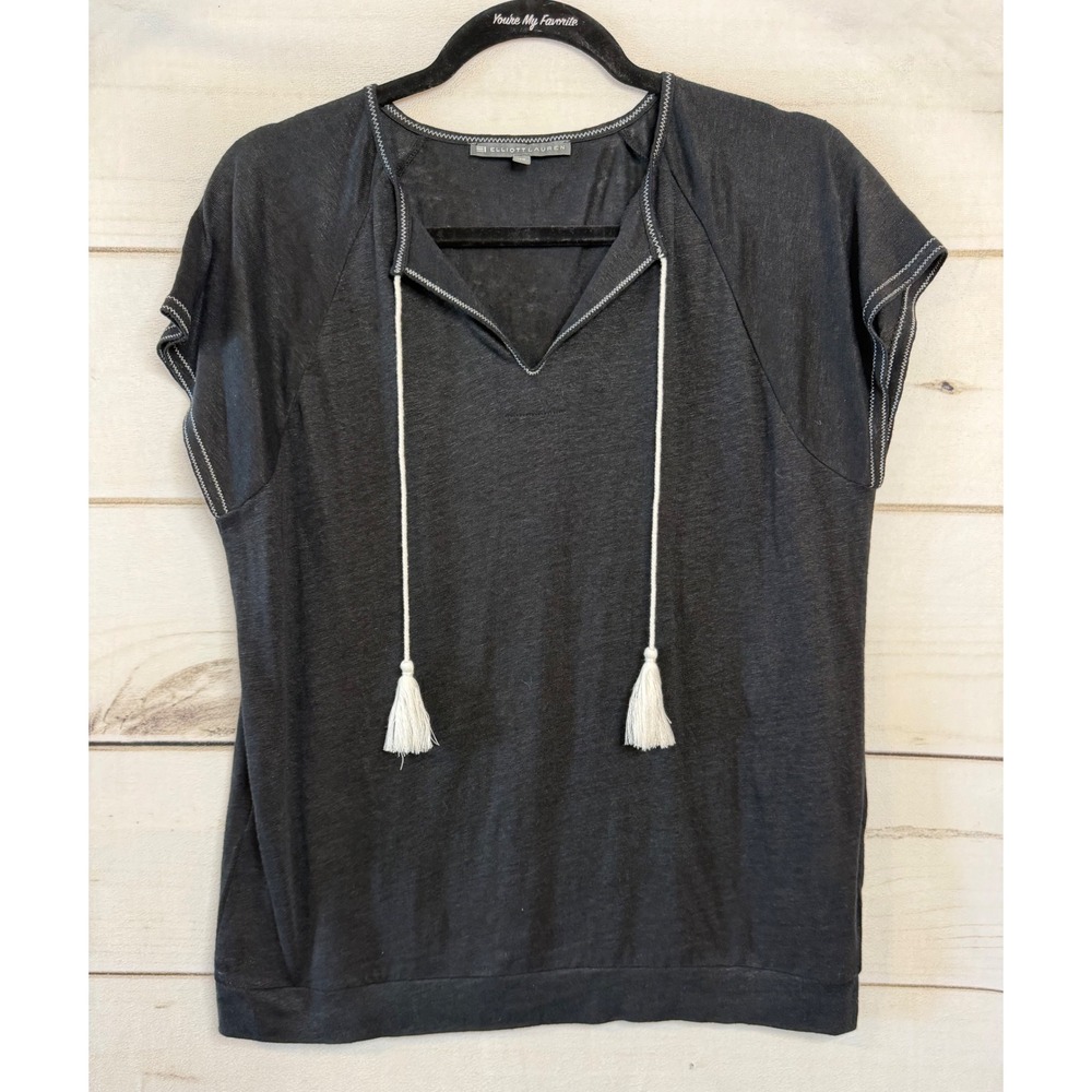 Elliott Lauren Womens Charcoal Grey 100% Linen Tassel Tie V-Neck Top XS